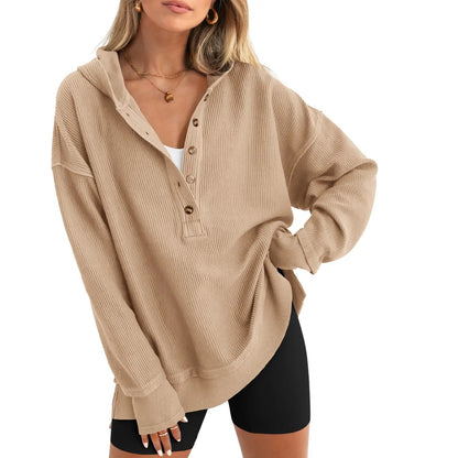 Women's Oversized Button V-Neck Hoodie Sweatshirt Long Sleeve Side Slit Casual Fall Pullover Top