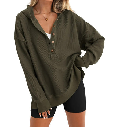 Women's Oversized Button V-Neck Hoodie Sweatshirt Long Sleeve Side Slit Casual Fall Pullover Top