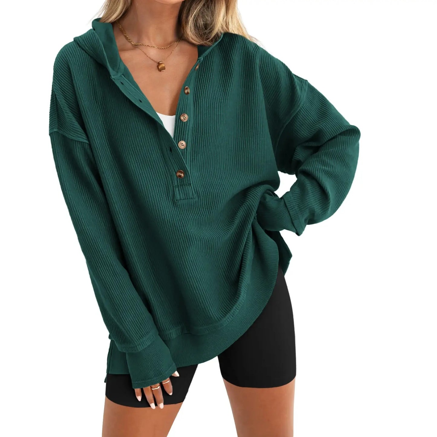 Women's Oversized Button V-Neck Hoodie Sweatshirt Long Sleeve Side Slit Casual Fall Pullover Top