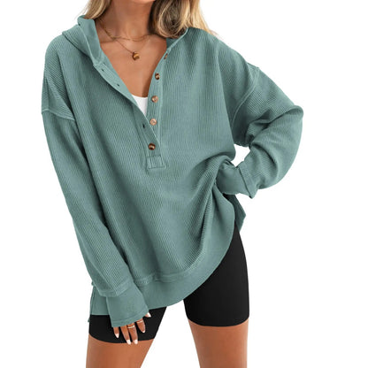 Women's Oversized Button V-Neck Hoodie Sweatshirt Long Sleeve Side Slit Casual Fall Pullover Top