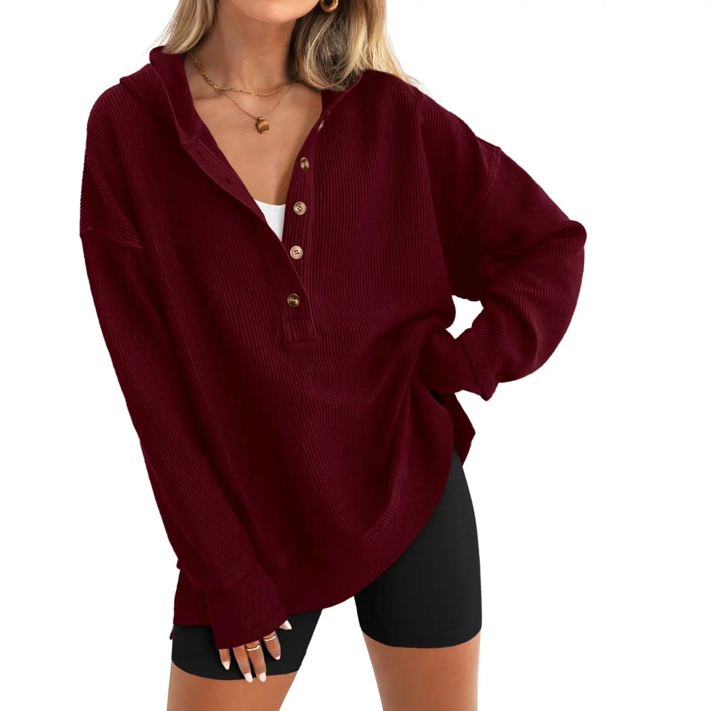 Women's Oversized Button V-Neck Hoodie Sweatshirt Long Sleeve Side Slit Casual Fall Pullover Top