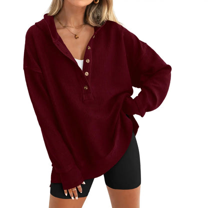 Women's Oversized Button V-Neck Hoodie Sweatshirt Long Sleeve Side Slit Casual Fall Pullover Top