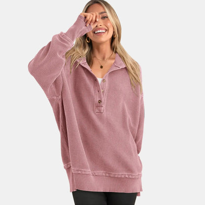 Women's Oversized Button V-Neck Hoodie Sweatshirt Long Sleeve Side Slit Casual Fall Pullover Top