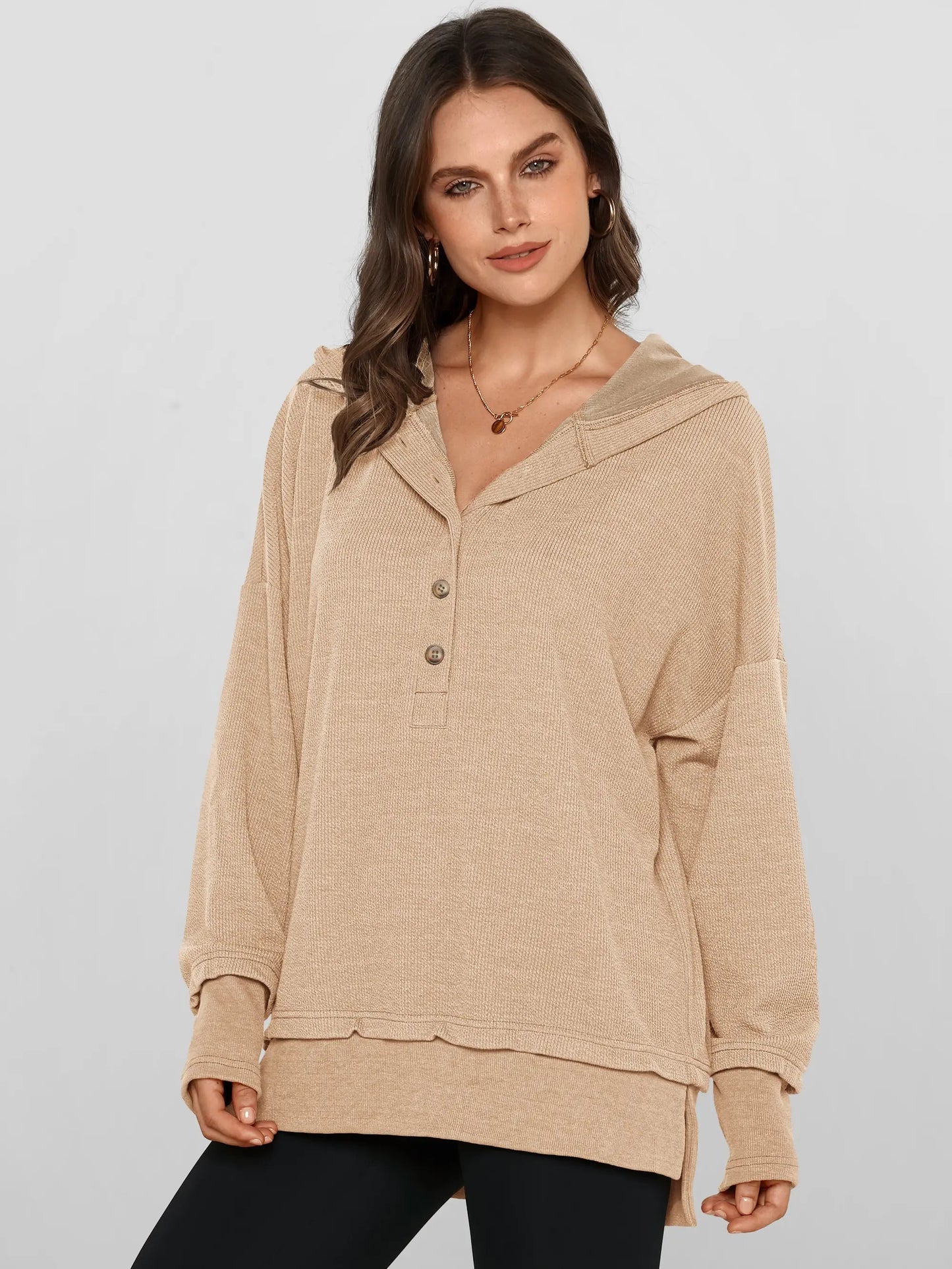 Women's Oversized Button V-Neck Hoodie Sweatshirt Long Sleeve Side Slit Casual Fall Pullover Top