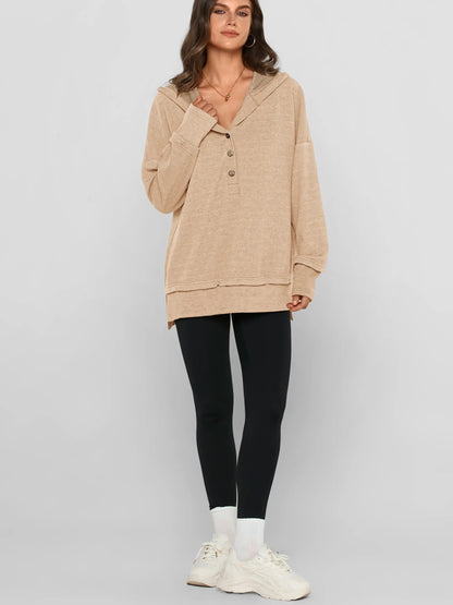 Women's Oversized Button V-Neck Hoodie Sweatshirt Long Sleeve Side Slit Casual Fall Pullover Top