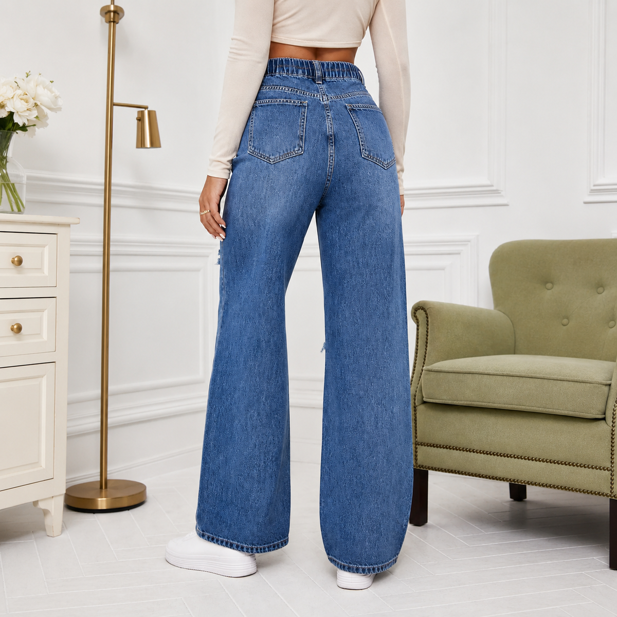 Women's High Rise Ripped Wide Leg Jeans