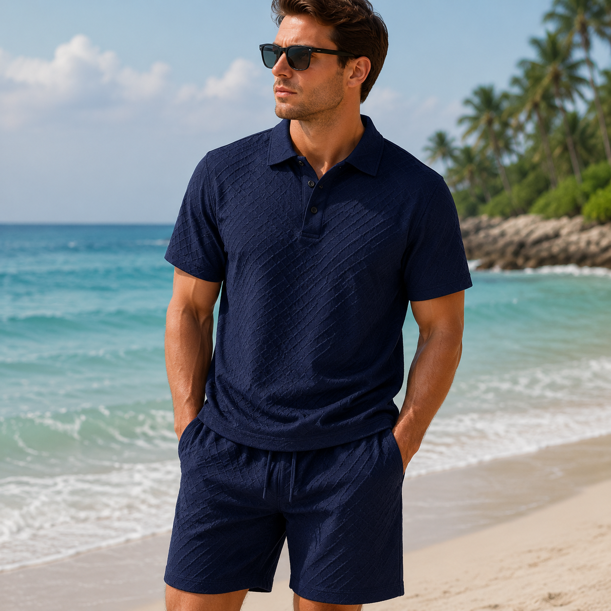 Men's Textured Polo Set Summer Casual Outfit