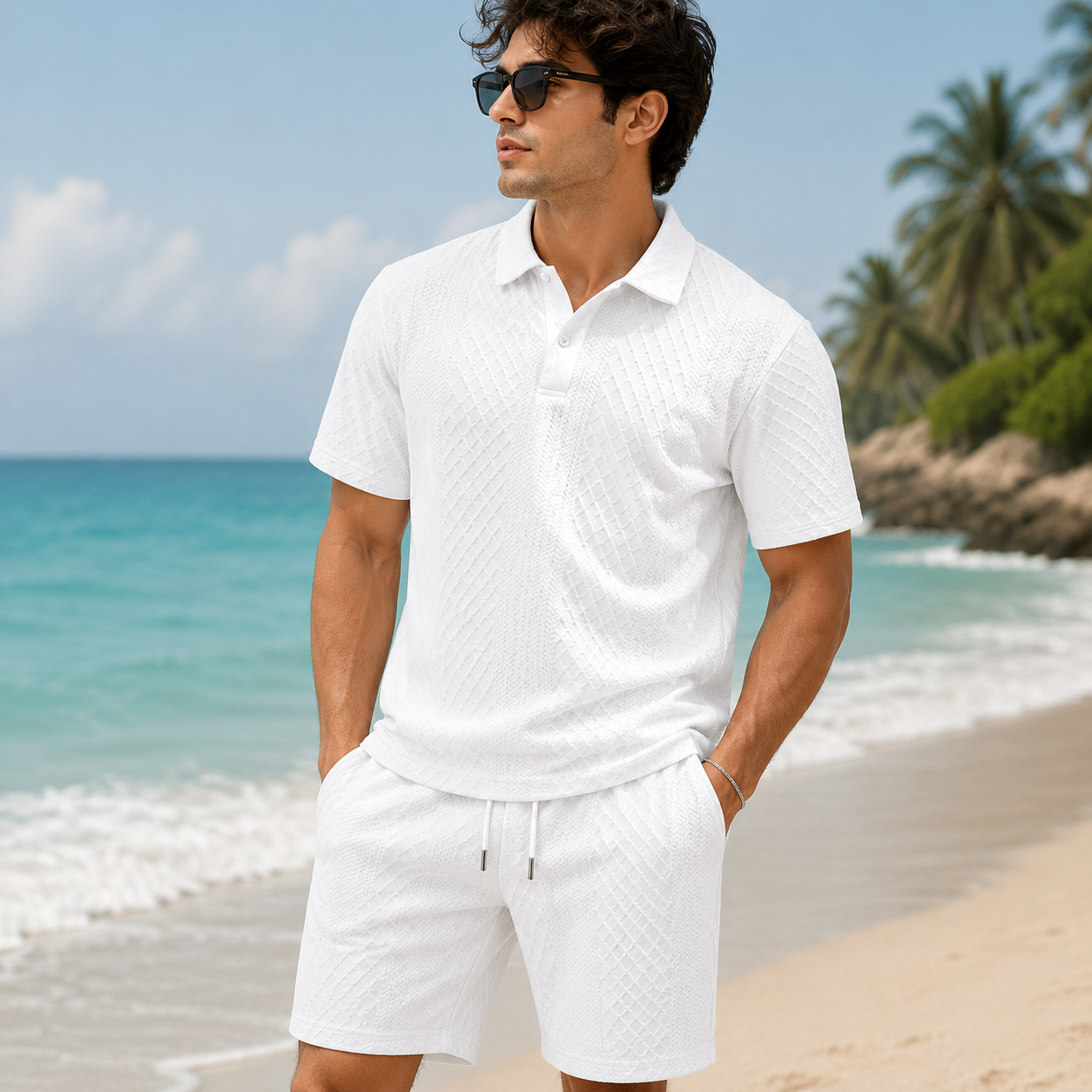 Men's Textured Polo Set Summer Casual Outfit