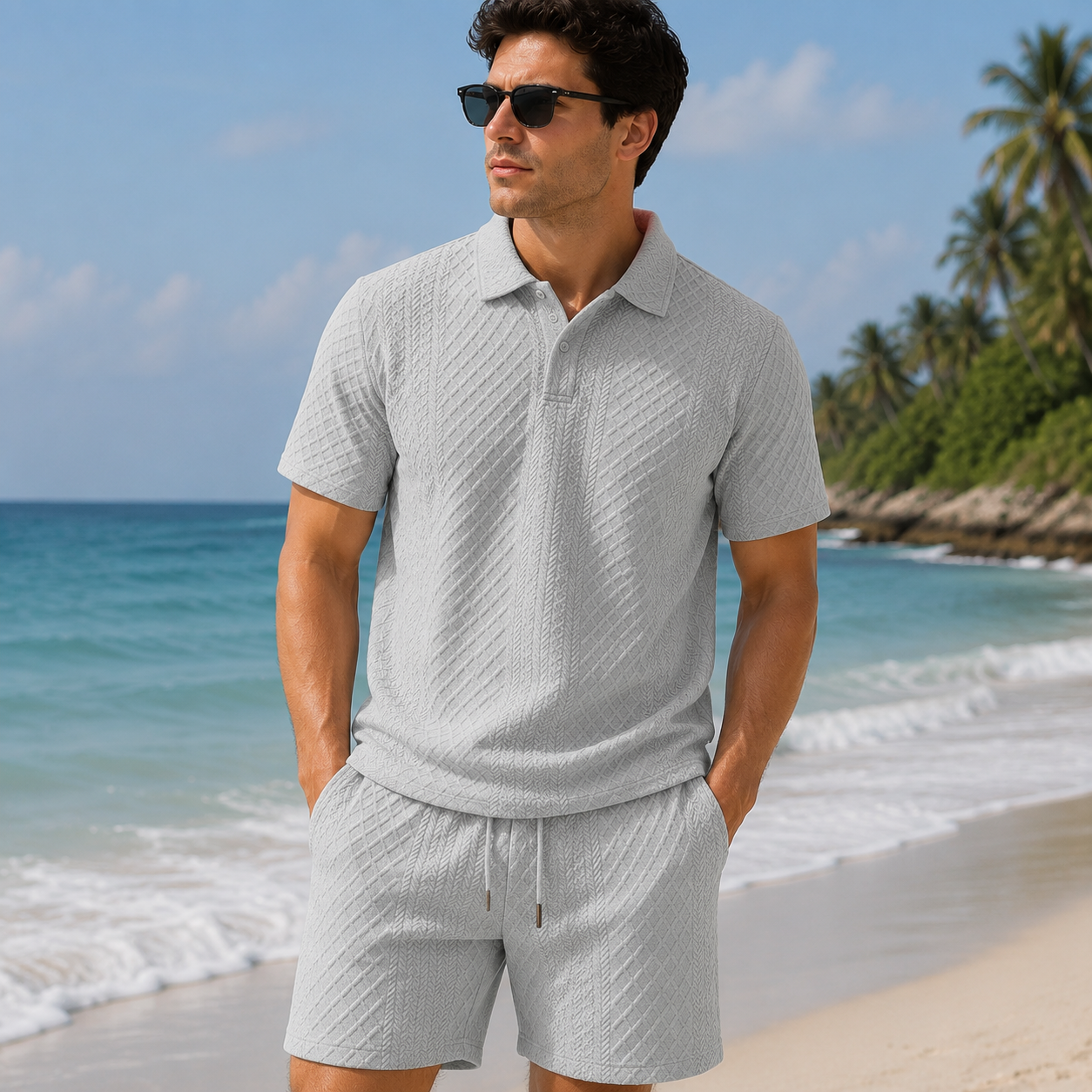 Men's Textured Polo Set Summer Casual Outfit