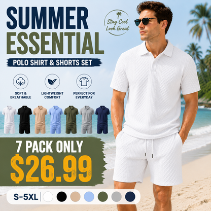 Men's Textured Polo Set Summer Casual Outfit